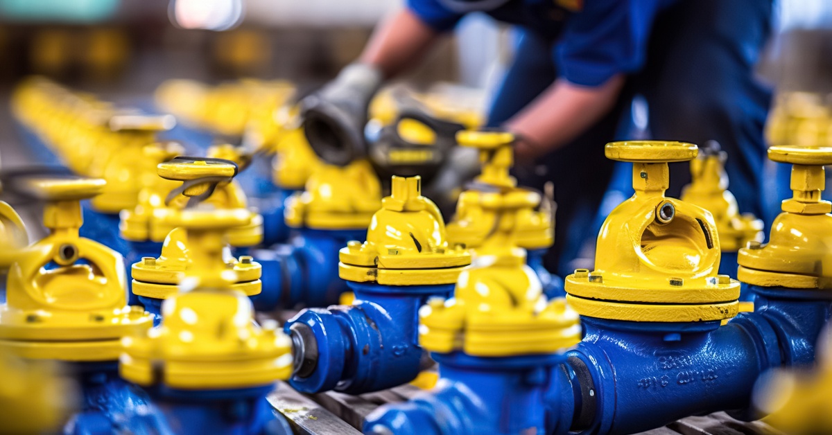 A closeup of several blue and yellow solenoid valve systems in the foreground. A person is in the blurred background.