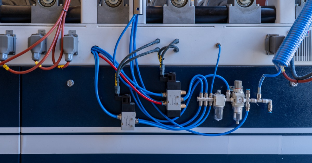 A pneumatic control panel featuring air pressure regulators, blue tubing, and solenoid valves mounted on machinery.
