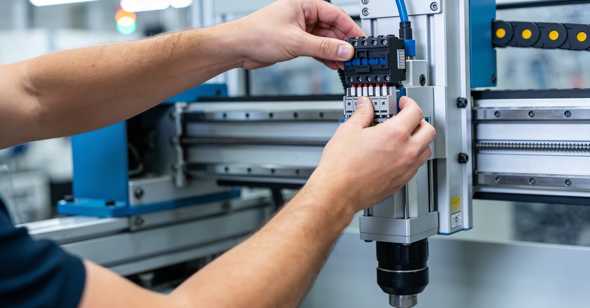 A person using both hands to adjust a small valve manifold on a blue and silver industrial automation machine.
